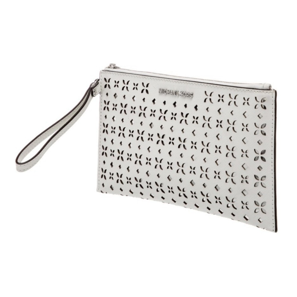 Michael Kors Jet Set Travel White Laser Cut Leather Wristlet Clutch Bag 10x6 XL